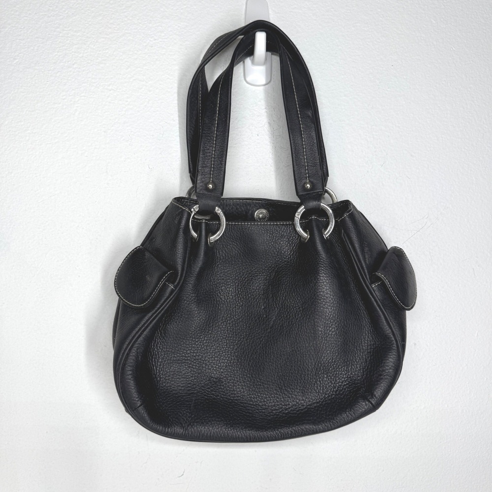 Vtg Y2K Black Pebbled Leather Shoulder Bag Contrast Stitch Hobo Purse East West